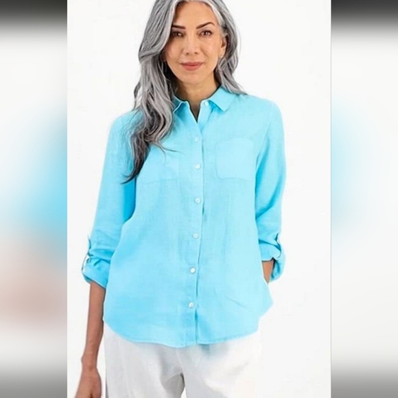 Charter Club Tops - Charter Club Teal Linen Blouse Size 16